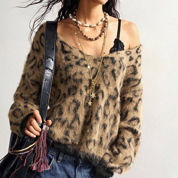 Casual Women's Boho leopard print Loose Long Sleeve Sweater top - Picture 6 of 7